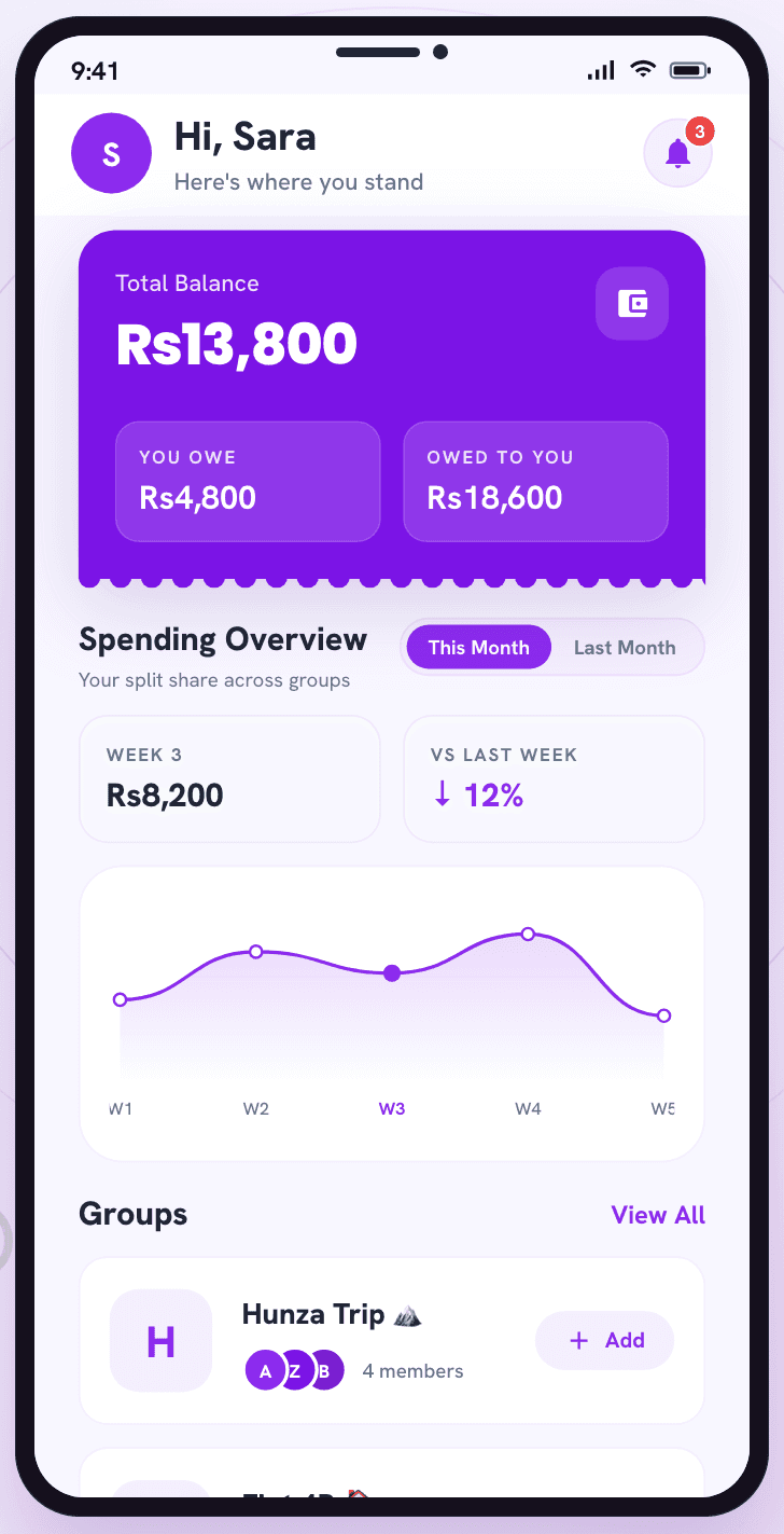 Expenddy home screen showing total balance and groups